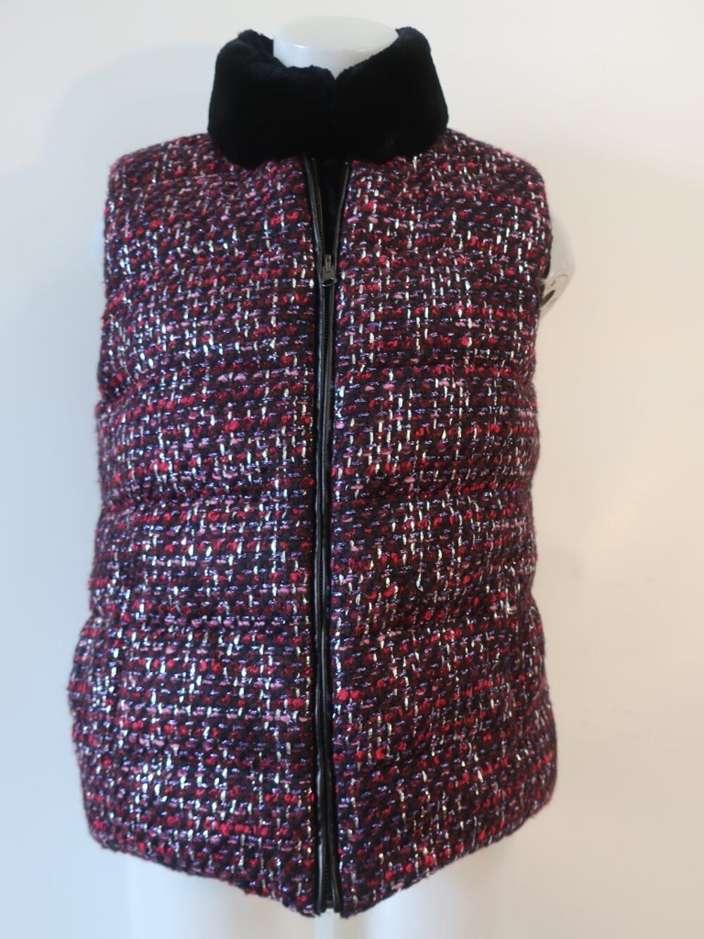 Womens Pologeorgis Multicolor Rabbit Fur Tweed Zip Puffer Vest S